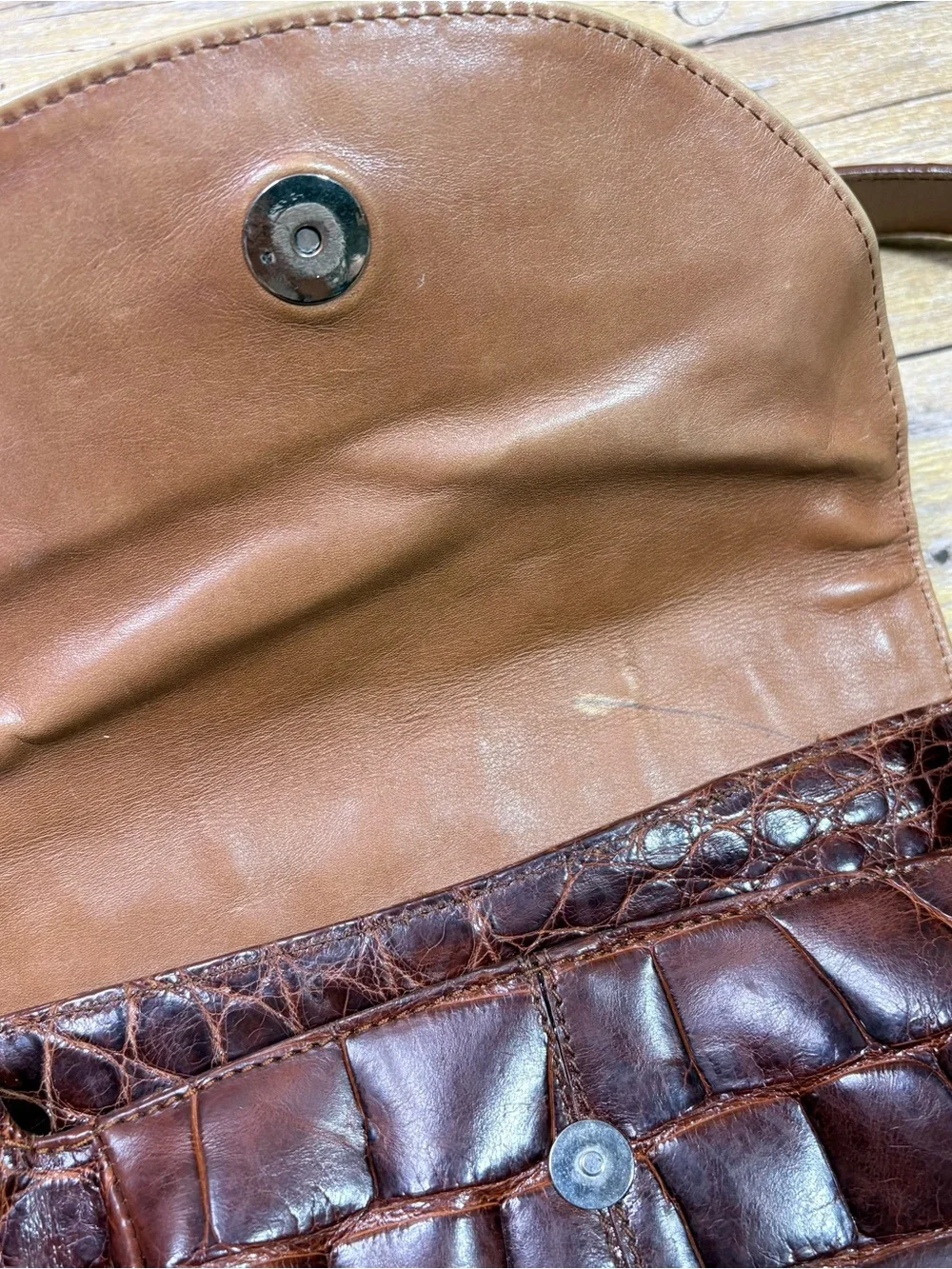 Brown Croc-Embossed Leather Crossbody Bag 100% real Alligator